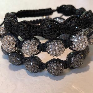 Set of 3 Shamballa Bracelet Silver Black Gunmetal